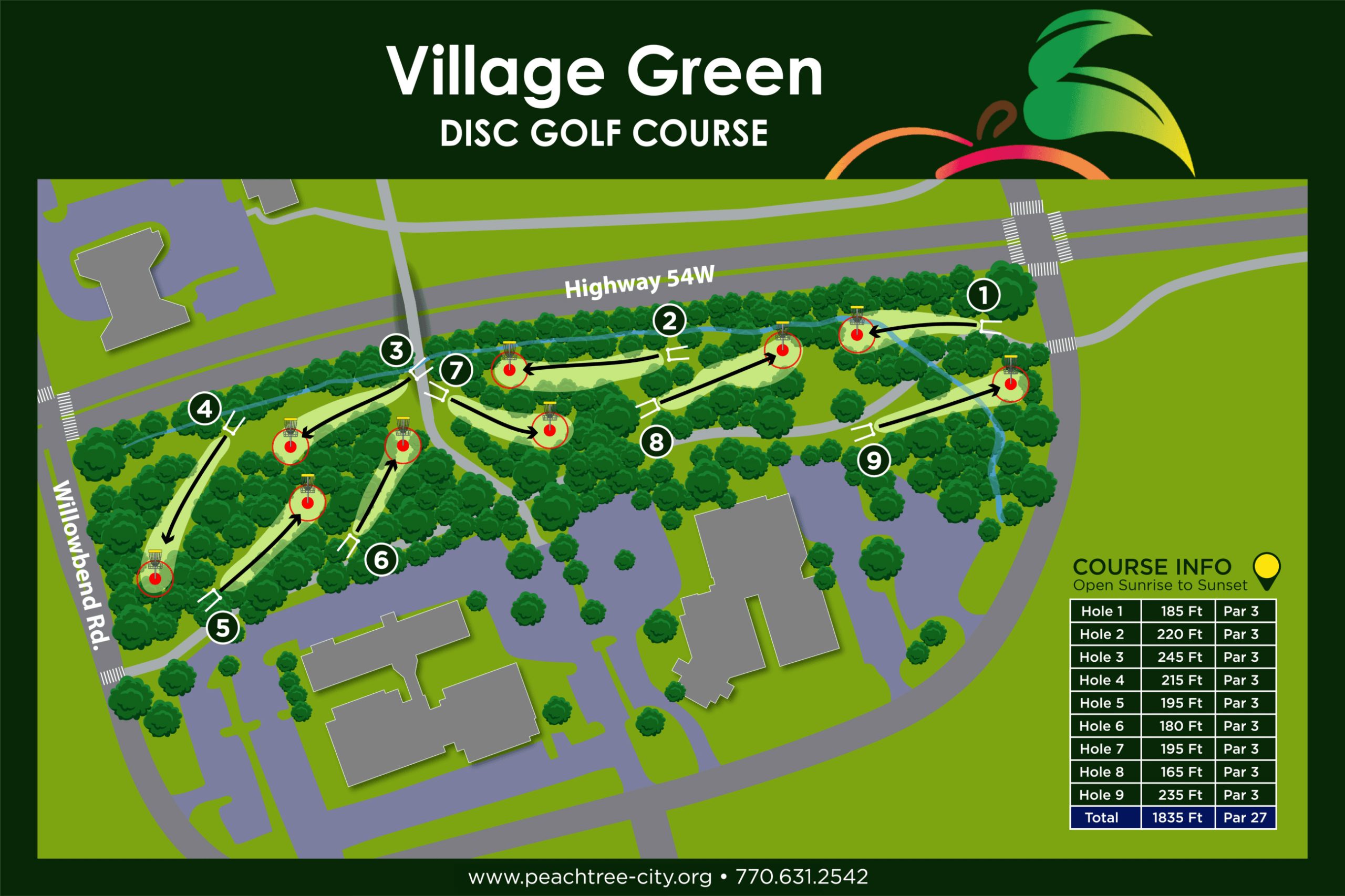 A detailed view of Peachtree City’s sports facilities and golf cart path network.